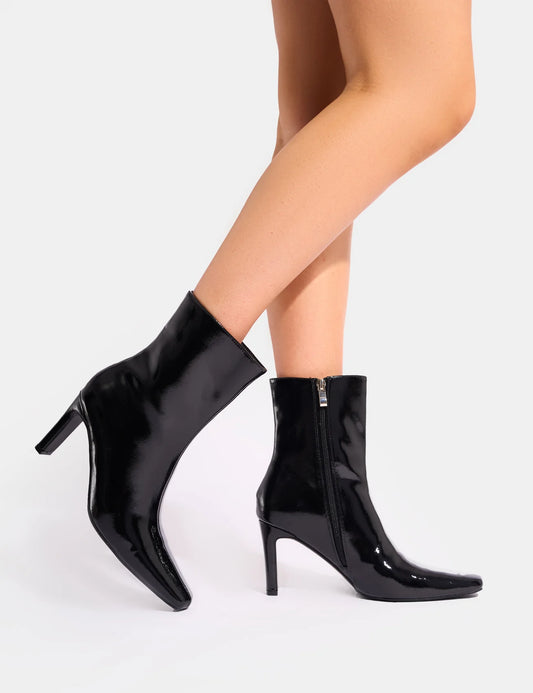 Midnight Patent: Polaris Snipped‑Toe Black Ankle Boots