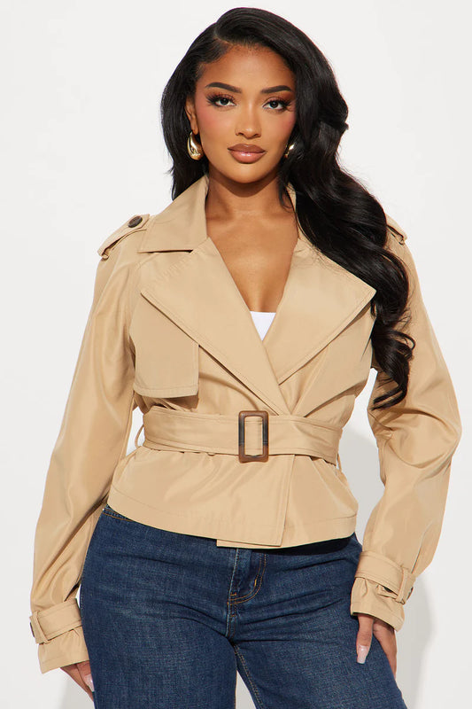 Belted Cropped Trench Jacket – Khaki